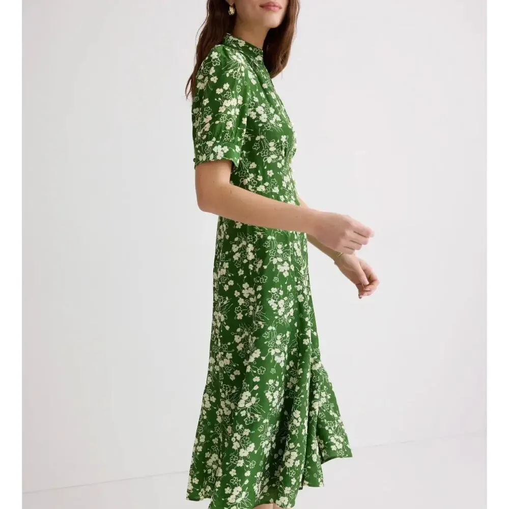 L.K. Bennett Green Floral Midi Shirt Dress SIZE 6 Silk Retro Work Designer $675 - Picture 2 of 13
